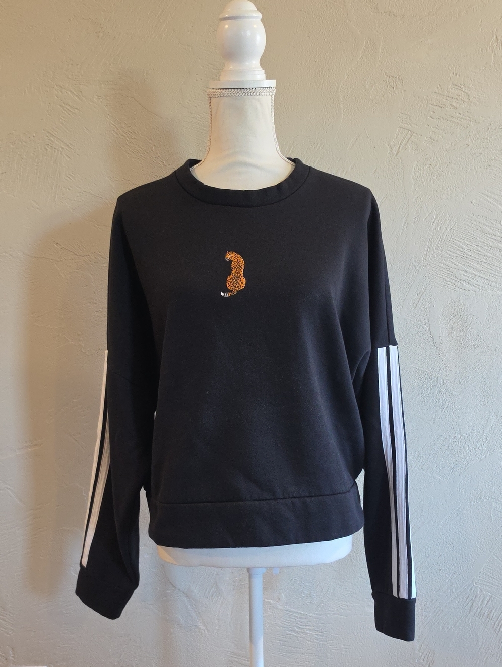 Black Adidas Crewneck Sweater with Striped Sleeves